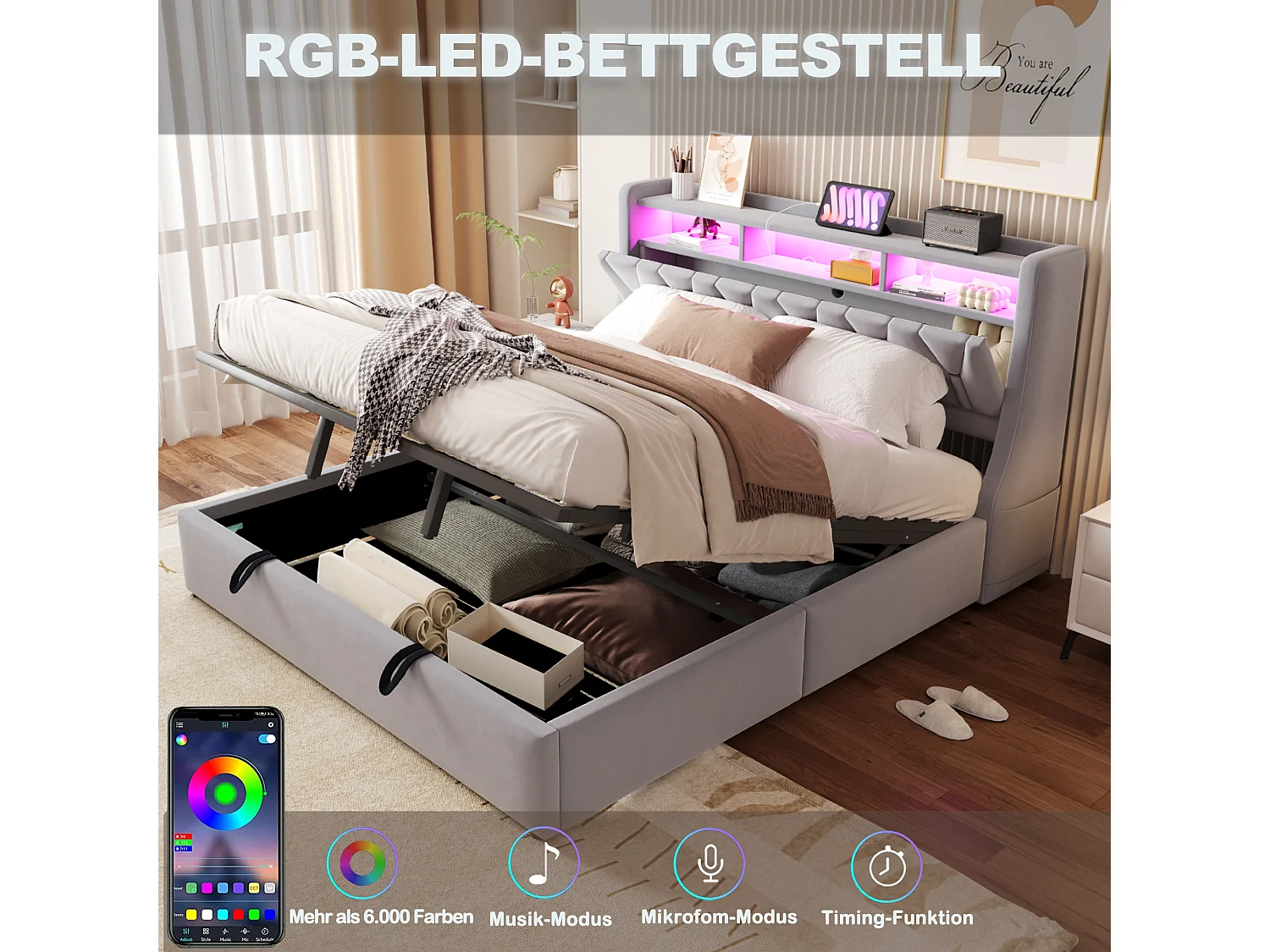 Cama estofada com arrumação - 180 x 200 cm - hidráulica - cabeceira rebatível com arrumação + LEDs - MDF - cinza claro