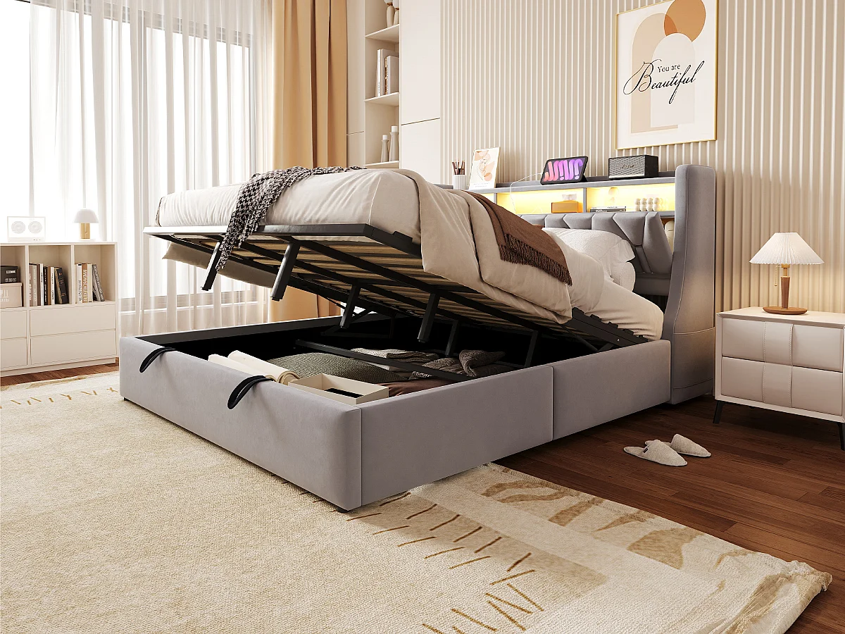 Cama estofada com arrumação - 180 x 200 cm - hidráulica - cabeceira rebatível com arrumação + LEDs - MDF - cinza claro