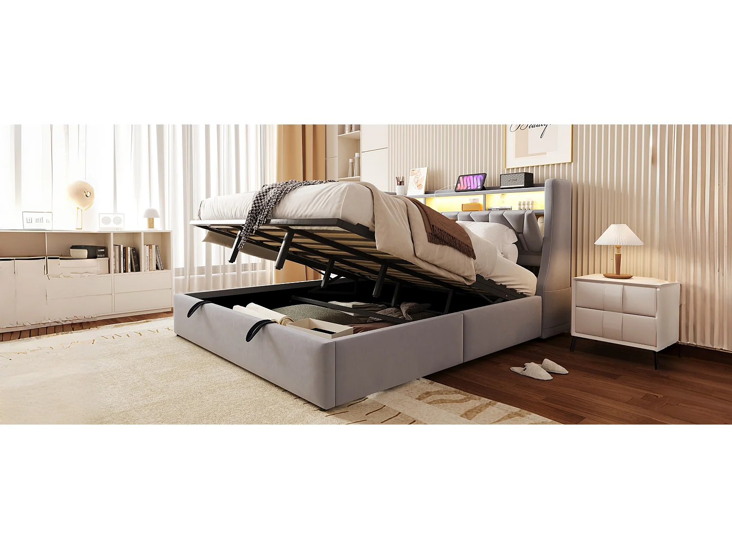 Cama estofada com arrumação - 180 x 200 cm - hidráulica - cabeceira rebatível com arrumação + LEDs - MDF - cinza claro