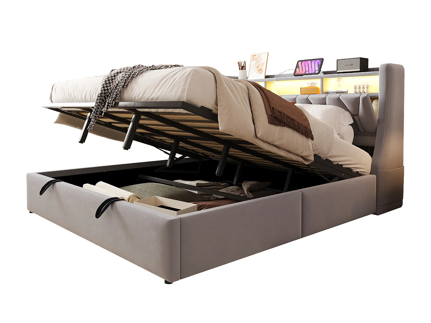 Cama estofada com arrumação - 180 x 200 cm - hidráulica - cabeceira rebatível com arrumação + LEDs - MDF - cinza claro