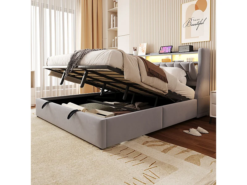 Cama estofada com arrumação - 180 x 200 cm - hidráulica - cabeceira rebatível com arrumação + LEDs - MDF - cinza claro