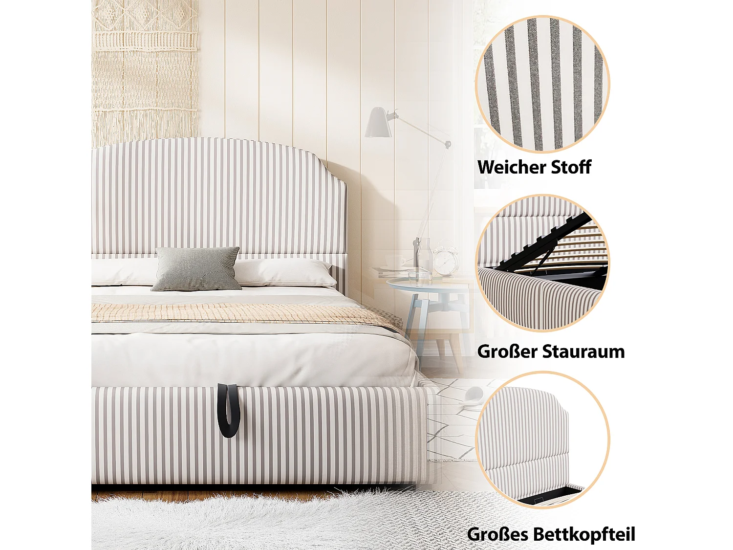 Cama estofada com arrumação - 140 x 200 cm - com arrumação hidráulica + cabeceira - MDF + metal + contraplacado - Branco + Cinza-escuro