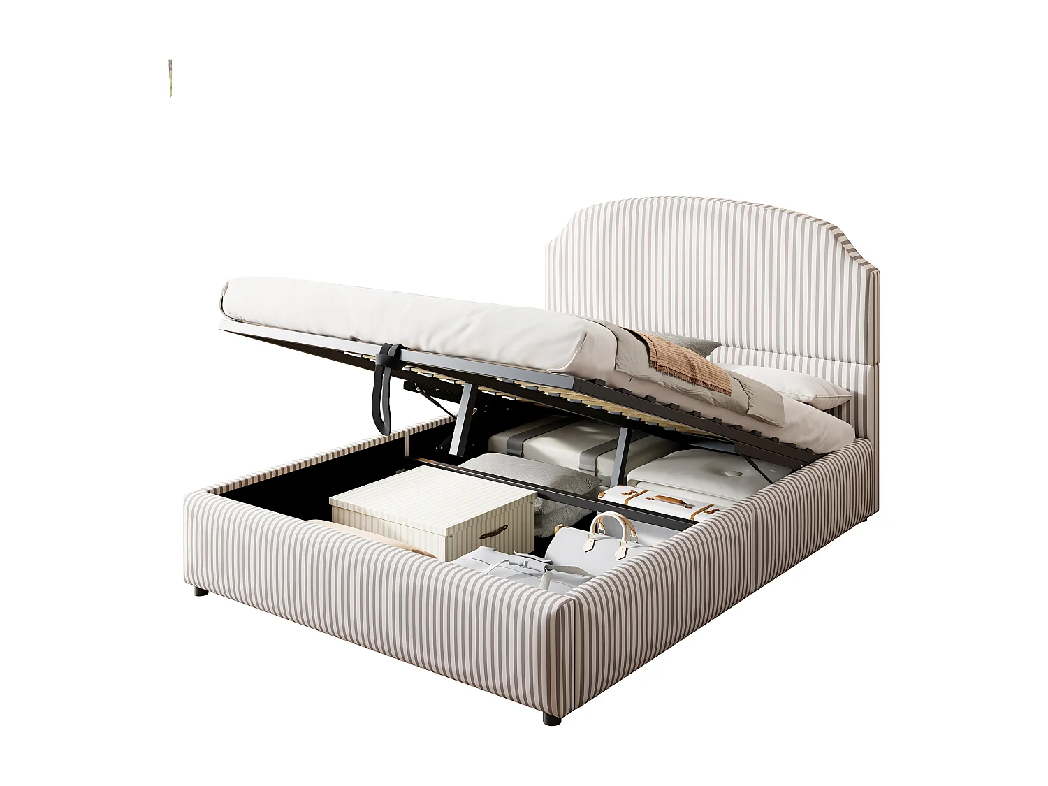 Cama estofada com arrumação - 140 x 200 cm - com arrumação hidráulica + cabeceira - MDF + metal + contraplacado - Branco + Cinza-escuro