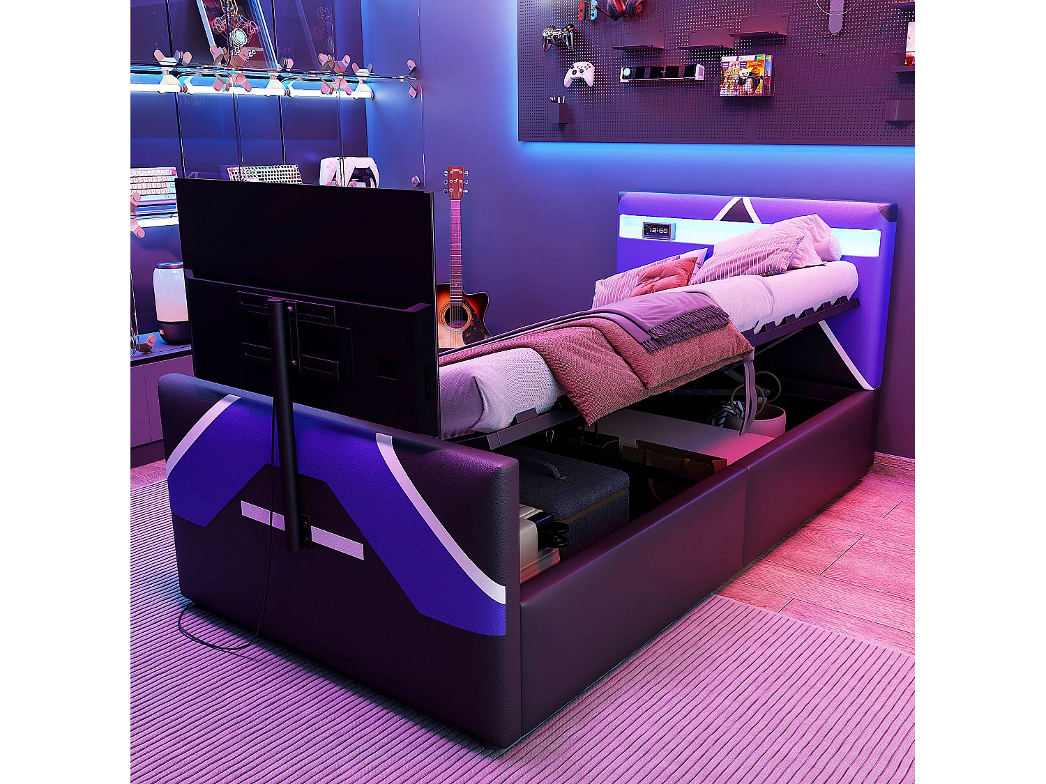 Letto contenitore per bambini - 90 x 200 cm - con LED + contenitore idraulico + porta TV integrato - PU - nero + viola