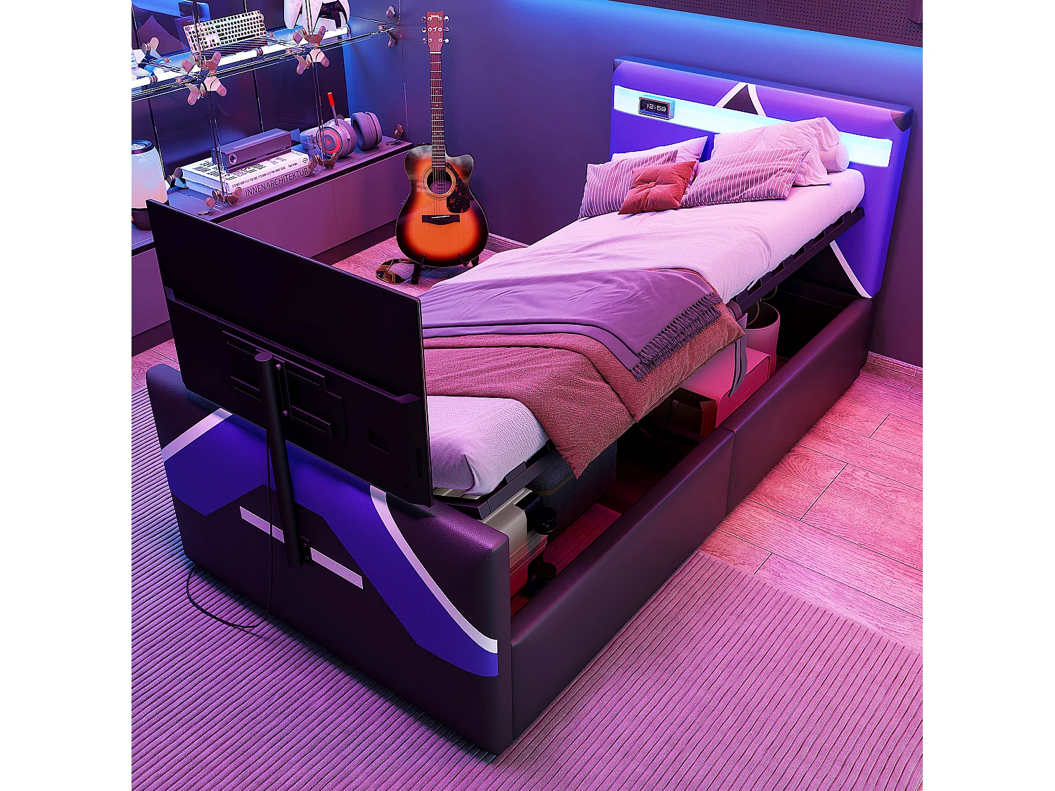 Letto contenitore per bambini - 90 x 200 cm - con LED + contenitore idraulico + porta TV integrato - PU - nero + viola