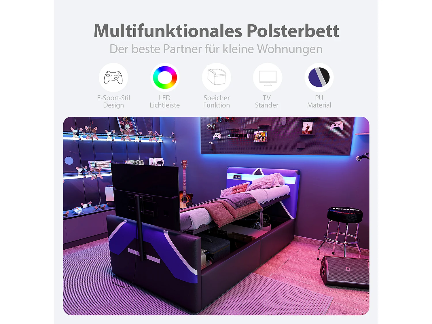 Letto contenitore per bambini - 90 x 200 cm - con LED + contenitore idraulico + porta TV integrato - PU - nero + viola