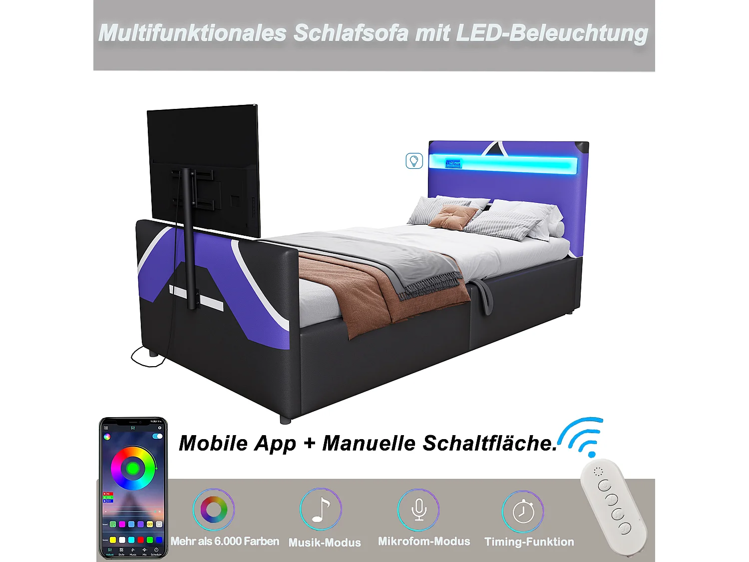 Letto contenitore per bambini - 90 x 200 cm - con LED + contenitore idraulico + porta TV integrato - PU - nero + viola