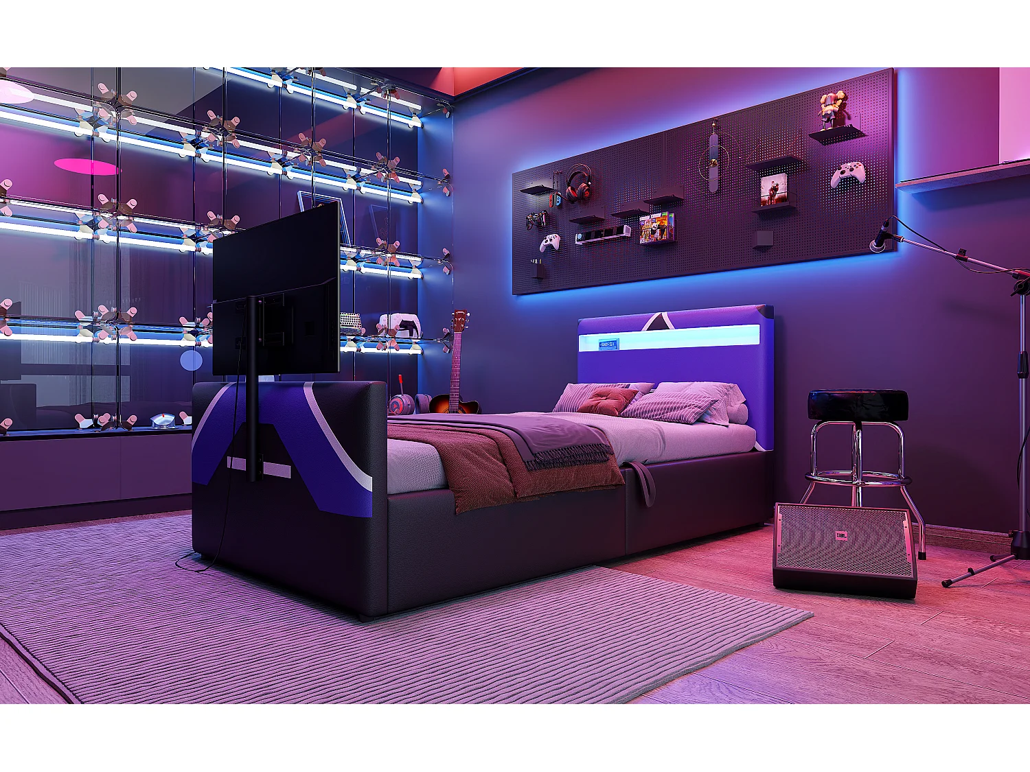 Letto contenitore per bambini - 90 x 200 cm - con LED + contenitore idraulico + porta TV integrato - PU - nero + viola