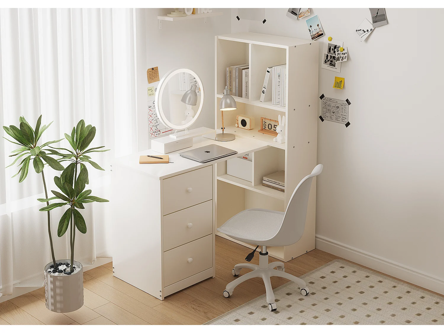 Eckschreibtisch mit Bücherregal – 117 x 63 x 135 cm – mit 4 Ablagefächern und 3 Schubladen – Holz – weiß