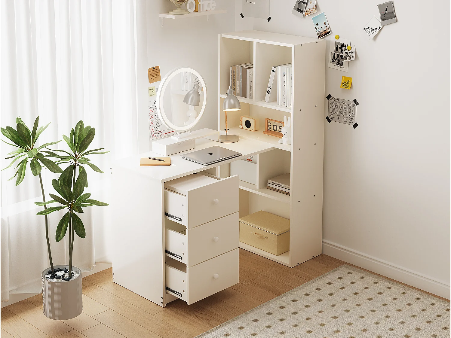 Eckschreibtisch mit Bücherregal – 117 x 63 x 135 cm – mit 4 Ablagefächern und 3 Schubladen – Holz – weiß