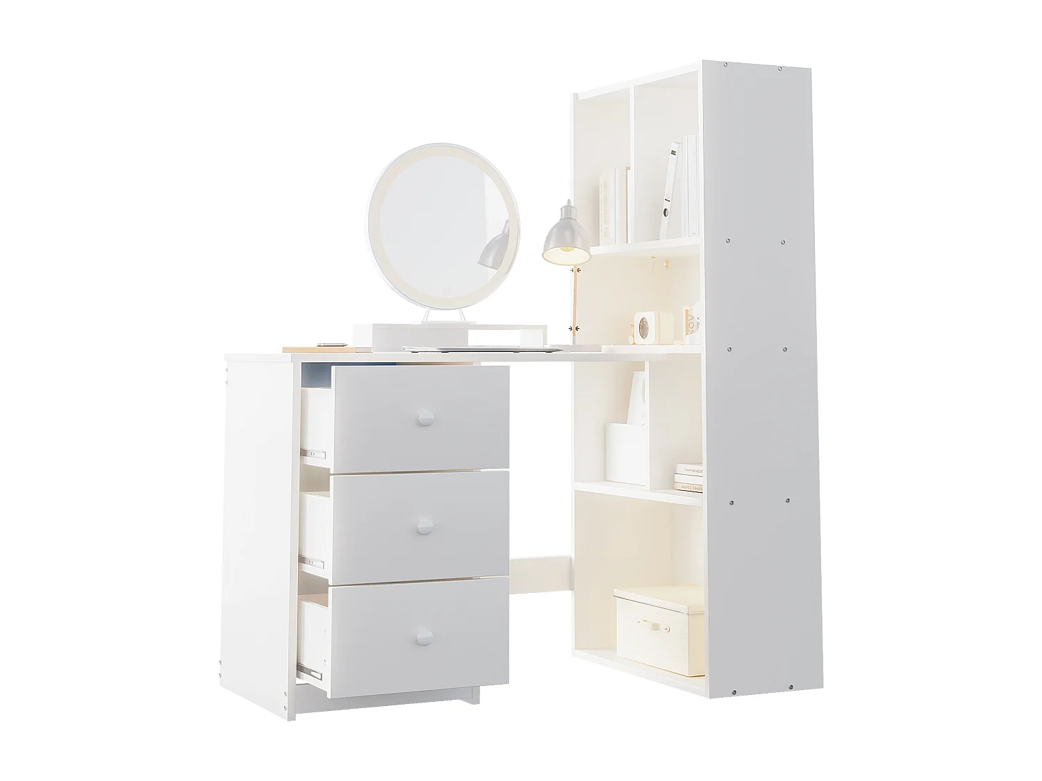 Eckschreibtisch mit Bücherregal – 117 x 63 x 135 cm – mit 4 Ablagefächern und 3 Schubladen – Holz – weiß