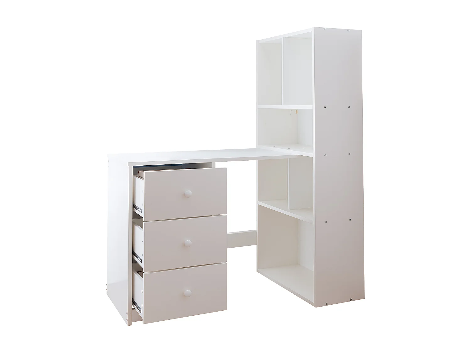 Eckschreibtisch mit Bücherregal – 117 x 63 x 135 cm – mit 4 Ablagefächern und 3 Schubladen – Holz – weiß