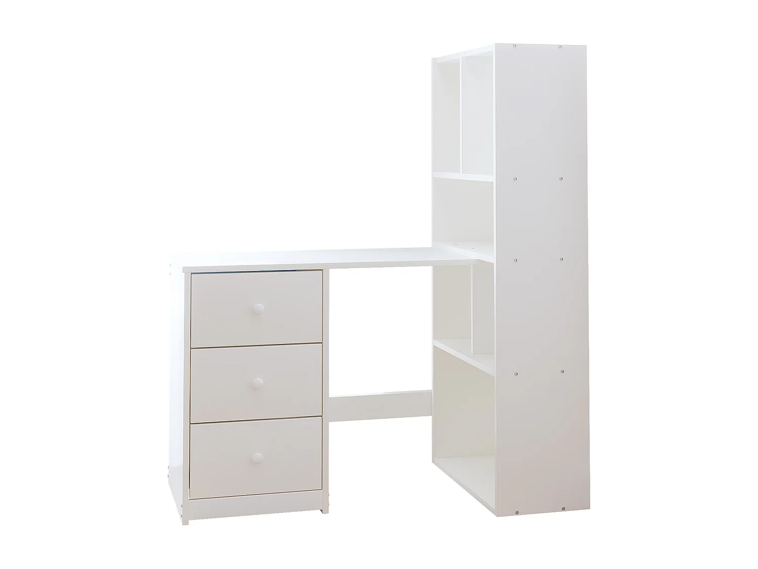Eckschreibtisch mit Bücherregal – 117 x 63 x 135 cm – mit 4 Ablagefächern und 3 Schubladen – Holz – weiß