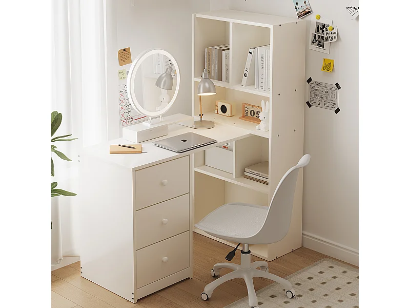 Eckschreibtisch mit Bücherregal – 117 x 63 x 135 cm – mit 4 Ablagefächern und 3 Schubladen – Holz – weiß