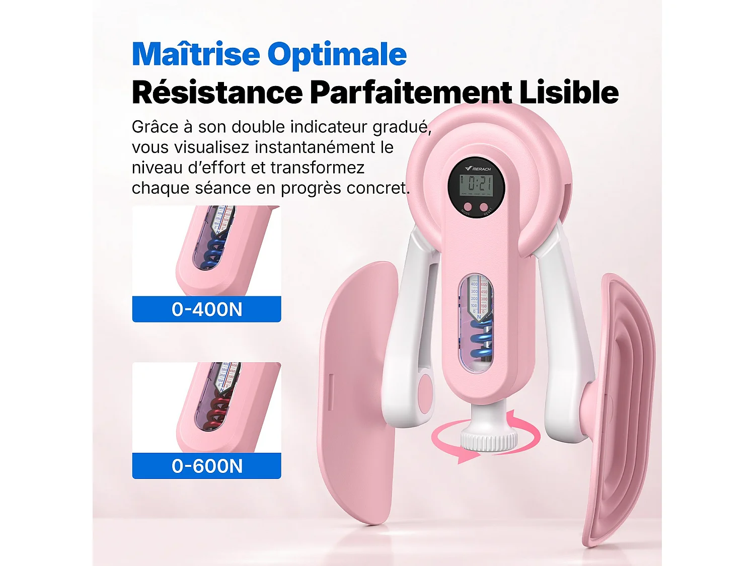 Leg Trainer MERACH, Angolo Regolabile, LED, Display Doppia Scala, Indicatore di Pressione, 2 Livelli di Resistenza, Portatile, Rosa