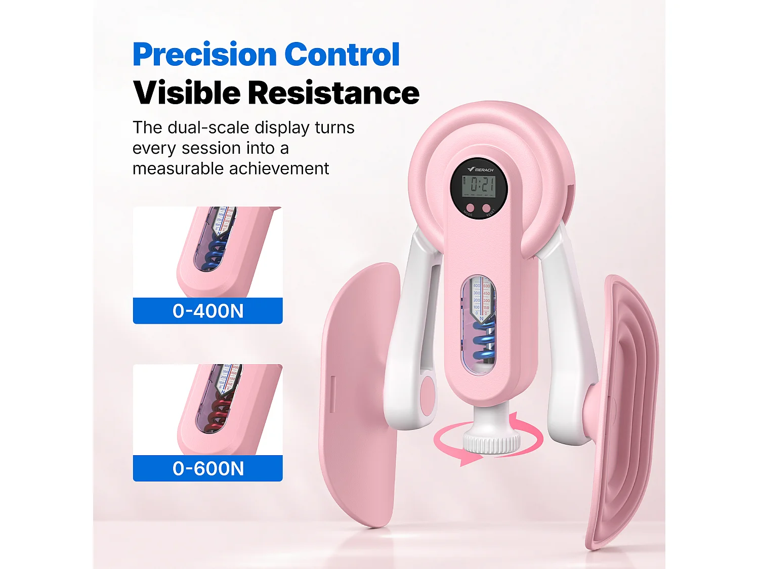Entrenador de Piernas 2 en 1 MERACH, Ángulo Ajustable, LED, Pantalla de Doble Escala, Indicador de Presión, 2 Niveles de Resistencia, Portátil, Rosa