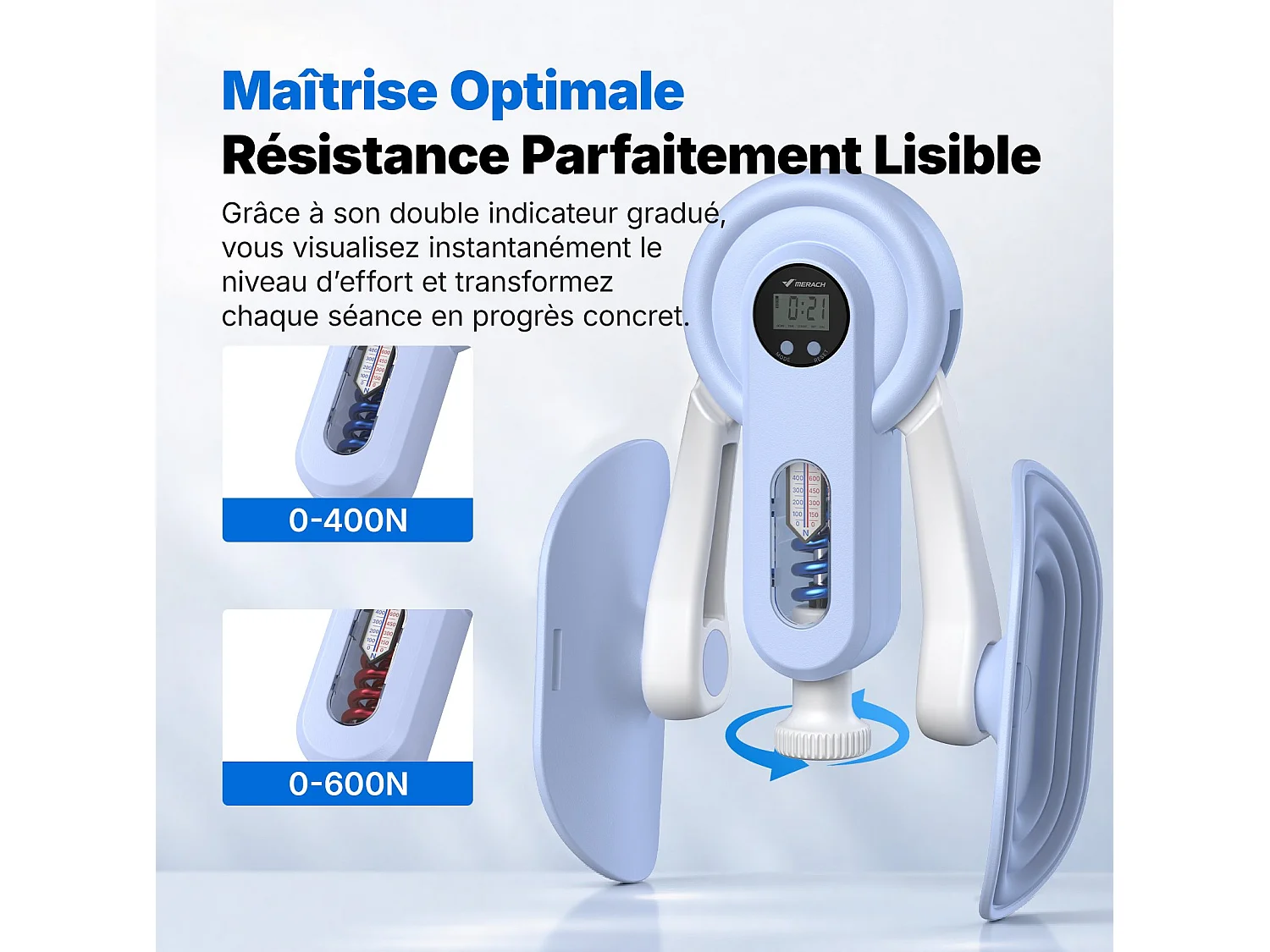 Leg Trainer MERACH, Angolo Regolabile, LED, Display Doppia Scala, Indicatore di Pressione, 2 Livelli di Resistenza, Portatile, Blu