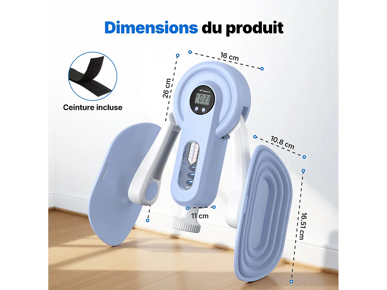 Leg Trainer MERACH, Angolo Regolabile, LED, Display Doppia Scala, Indicatore di Pressione, 2 Livelli di Resistenza, Portatile, Blu