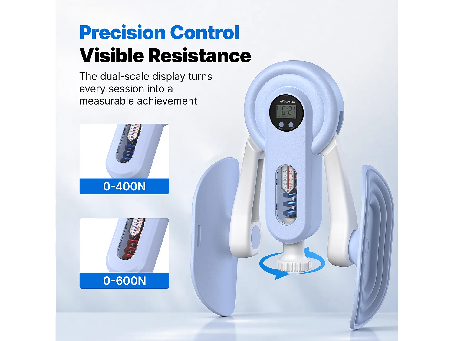 Entrenador de Piernas 2 en 1 MERACH, Ángulo Ajustable, LED, Pantalla de Doble Escala, Indicador de Presión, 2 Niveles de Resistencia, Portátil, Azul
