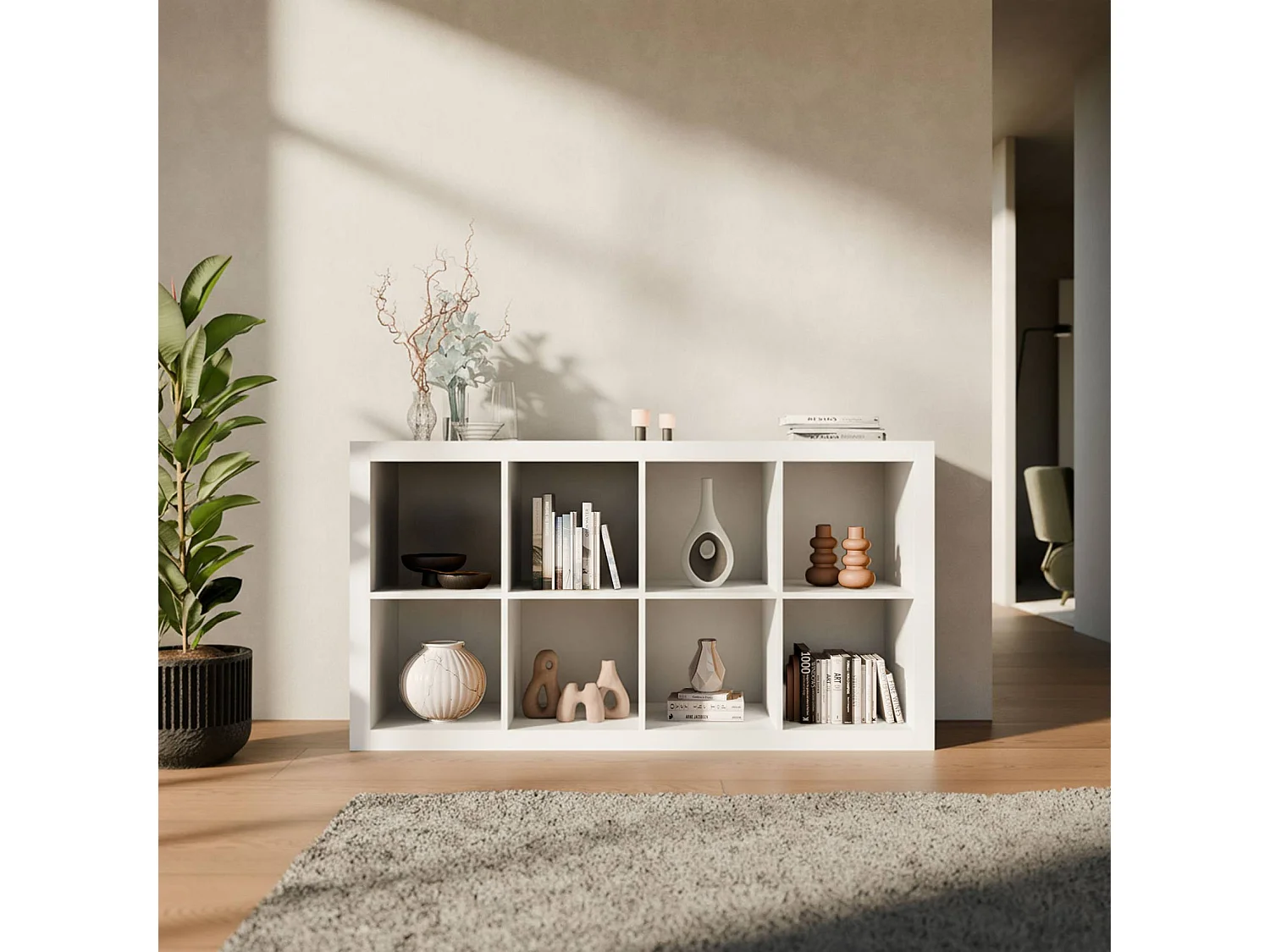 Etagère bibliothèque 4 niveaux 8 compartiments. casiers. effet bois blanc. L 76 x P 39 x H 146cm