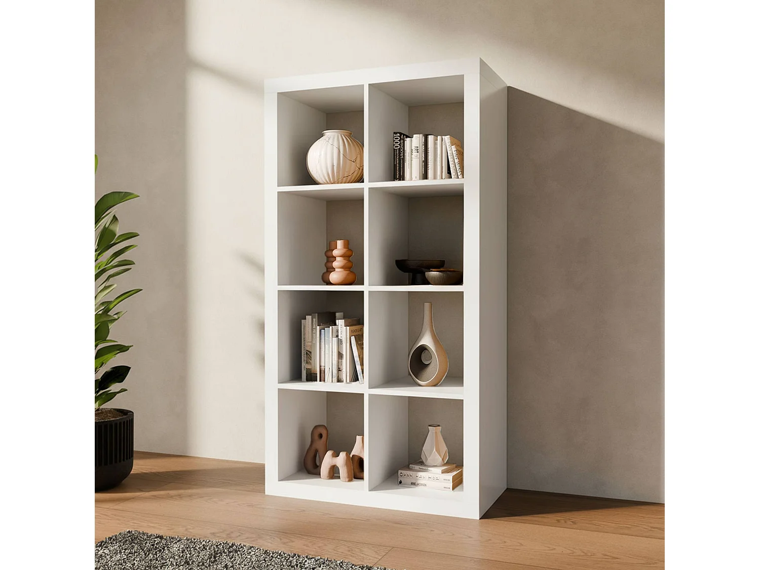 Etagère bibliothèque 4 niveaux 8 compartiments. casiers. effet bois blanc. L 76 x P 39 x H 146cm