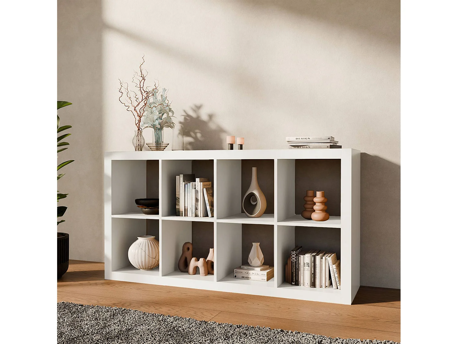 Etagère bibliothèque 4 niveaux 8 compartiments. casiers. effet bois blanc. L 76 x P 39 x H 146cm