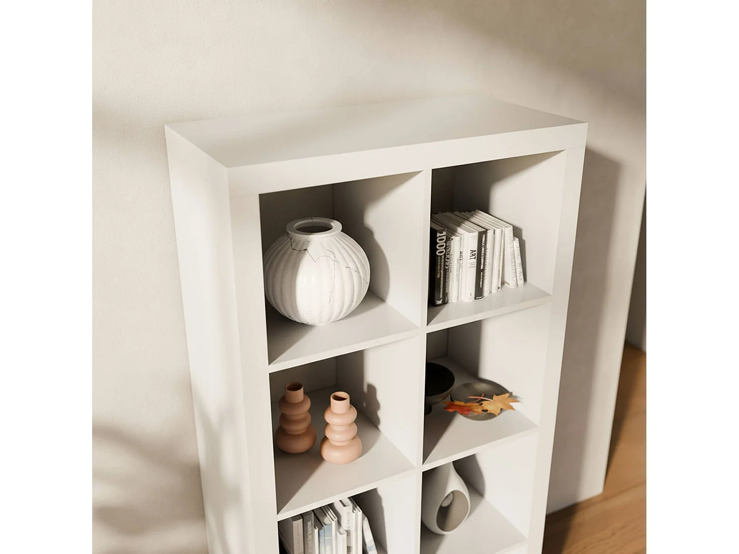 Etagère bibliothèque 4 niveaux 8 compartiments. casiers. effet bois blanc. L 76 x P 39 x H 146cm