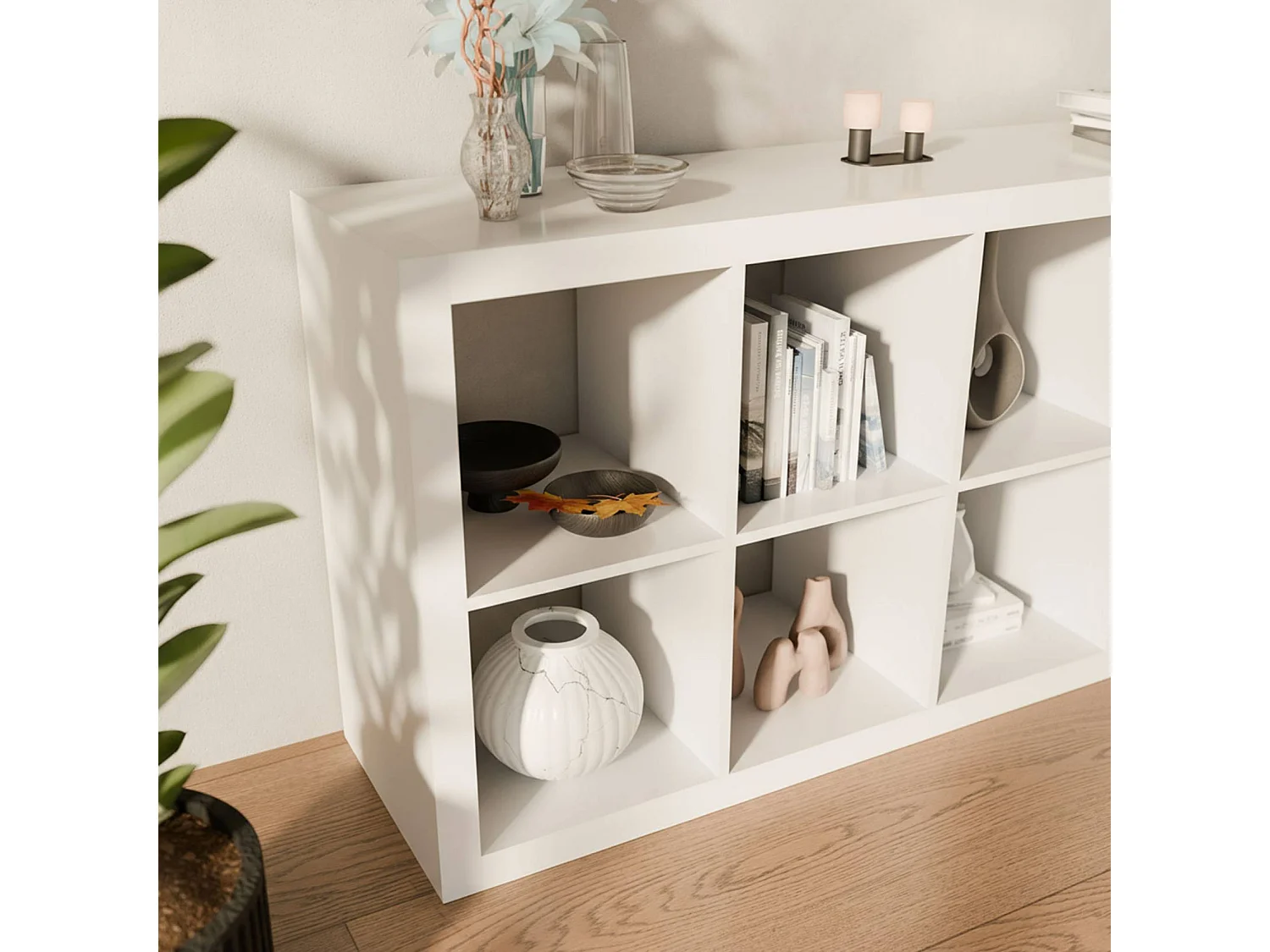 Etagère bibliothèque 4 niveaux 8 compartiments. casiers. effet bois blanc. L 76 x P 39 x H 146cm