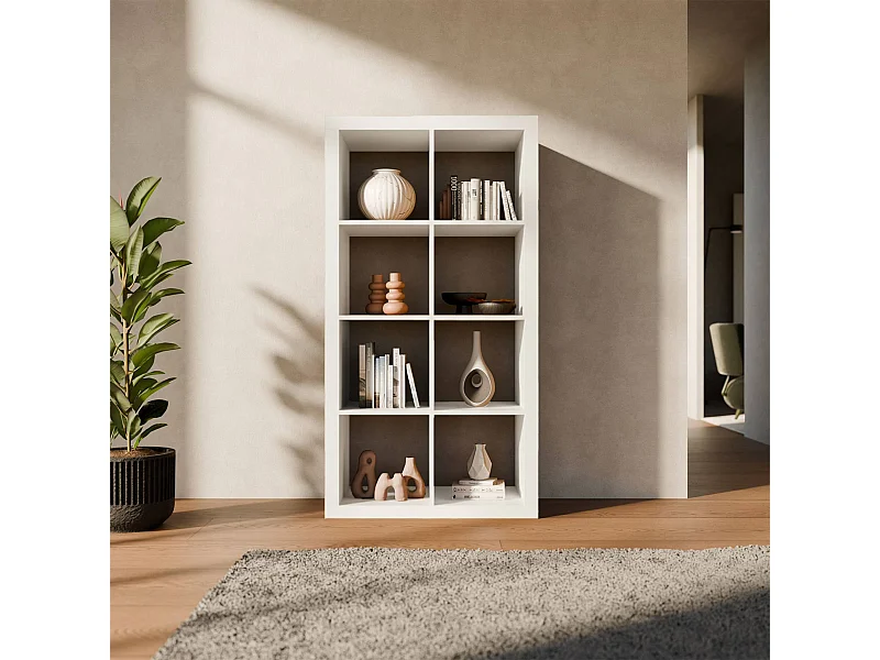 Etagère bibliothèque 4 niveaux 8 compartiments. casiers. effet bois blanc. L 76 x P 39 x H 146cm