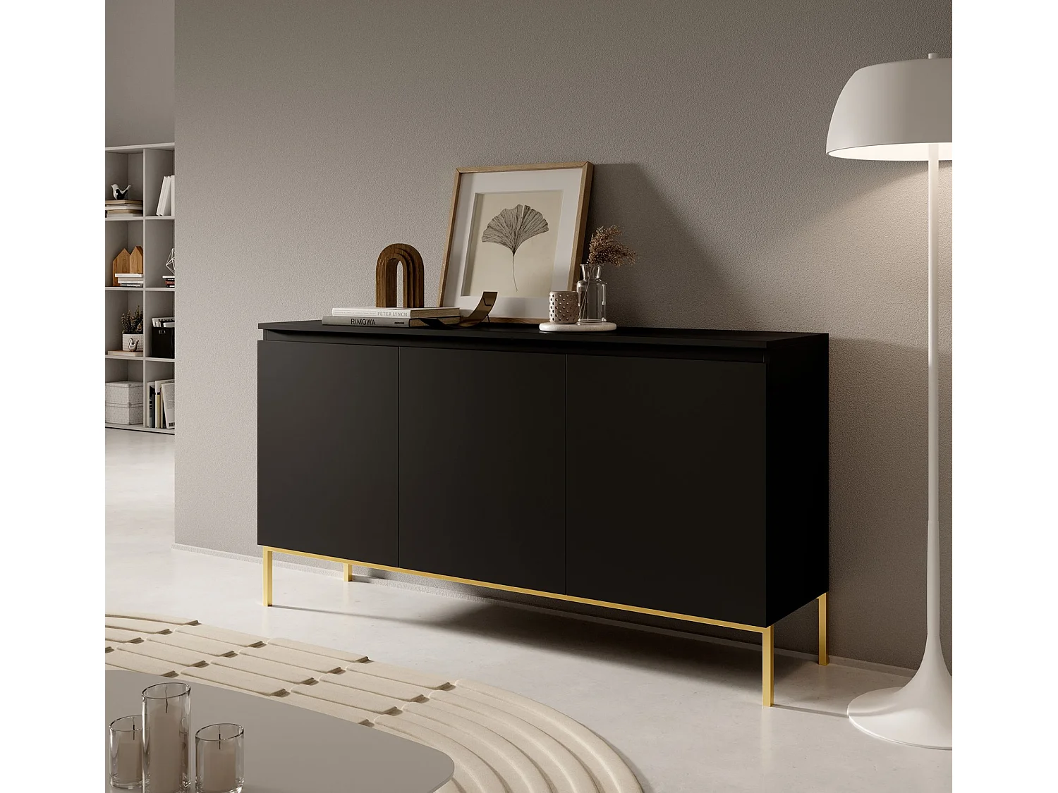 Commode à trois portes 150 cm – noir, pieds dorés – BEMMI