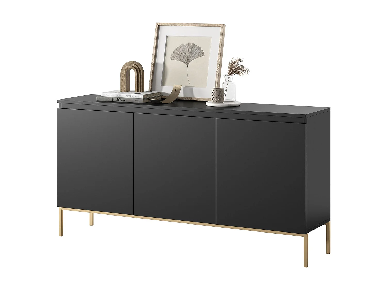 Commode à trois portes 150 cm – noir, pieds dorés – BEMMI