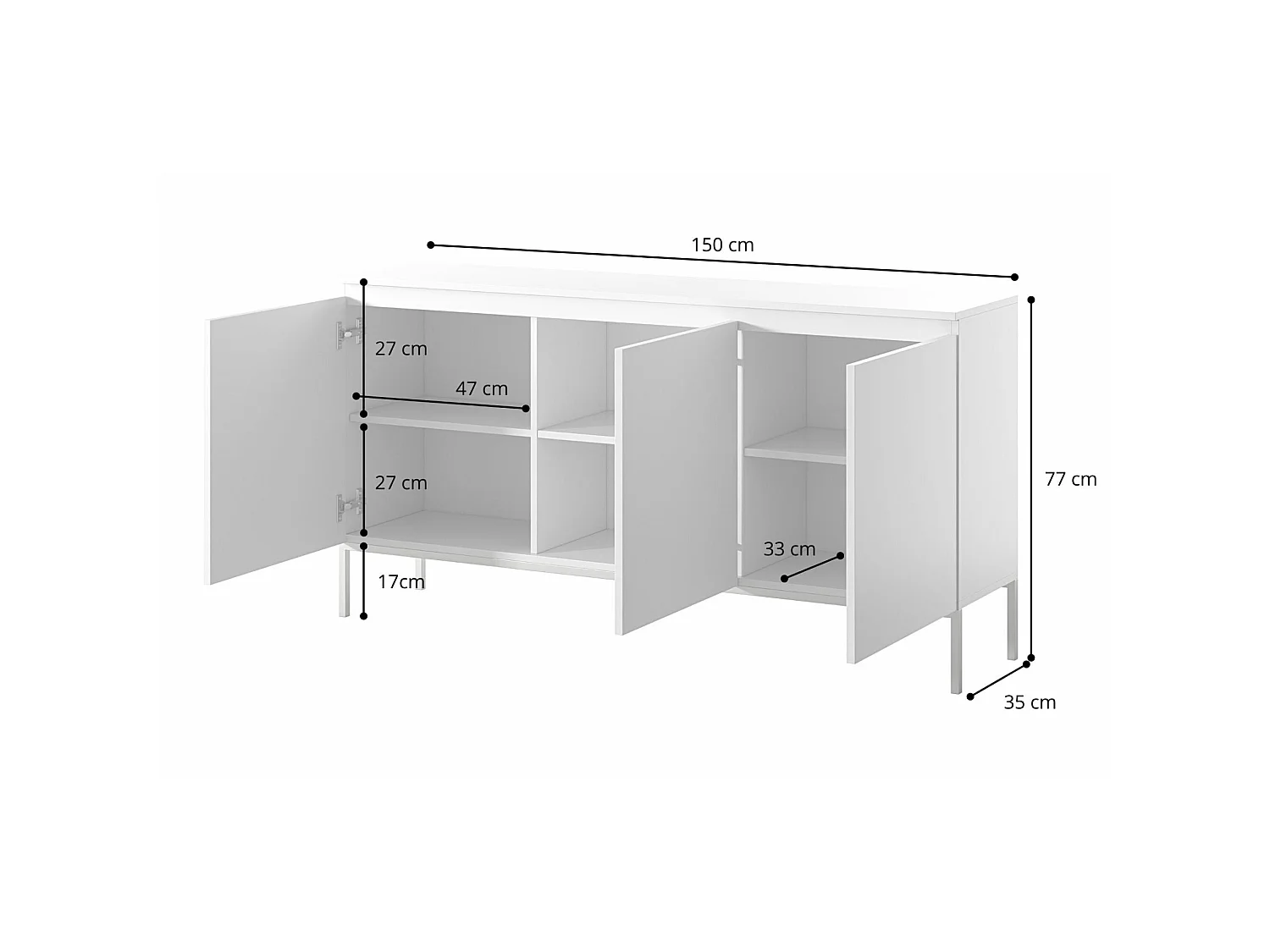 Commode à trois portes 150 cm – noir, pieds dorés – BEMMI