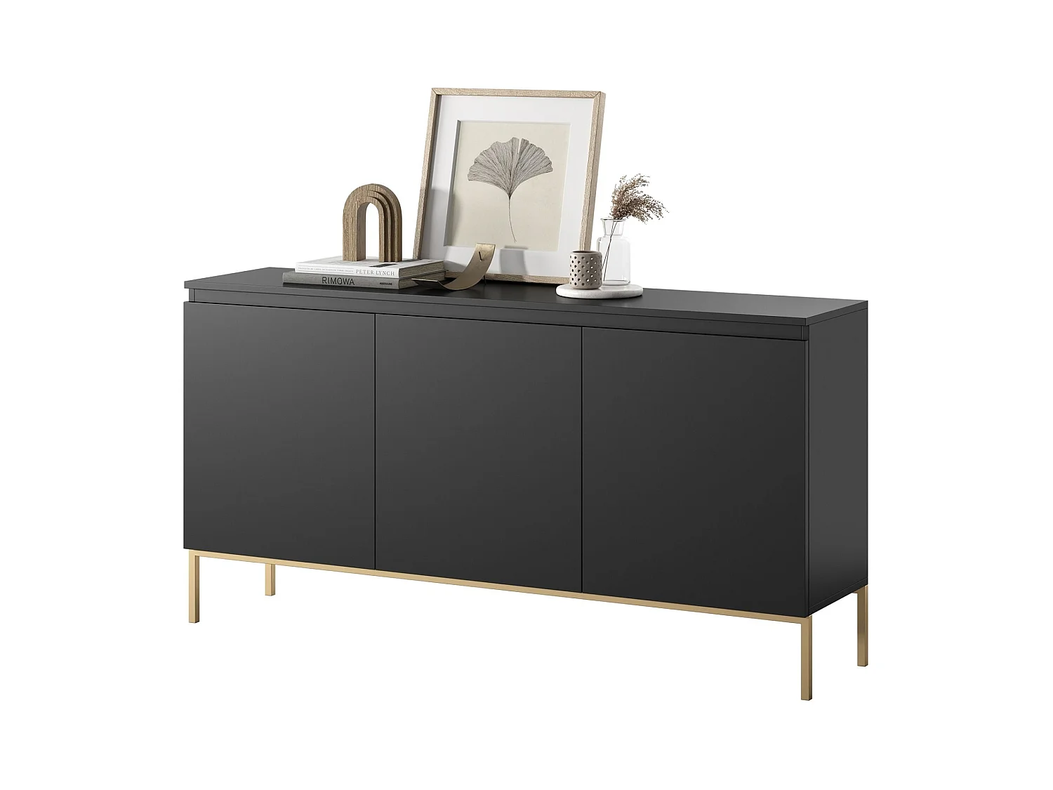 Commode à trois portes 150 cm – noir, pieds dorés – BEMMI