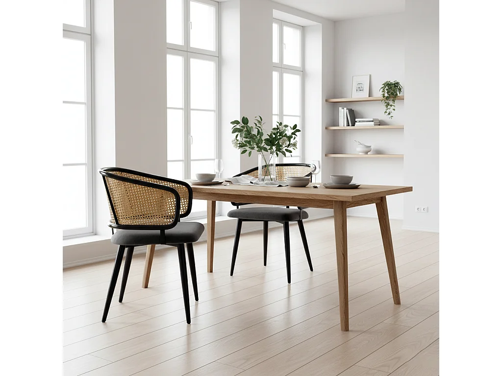 URBAN MEUBLE Lot de 2 chaises de salle à manger velours gris et dossier en rotin, pieds en métal noir