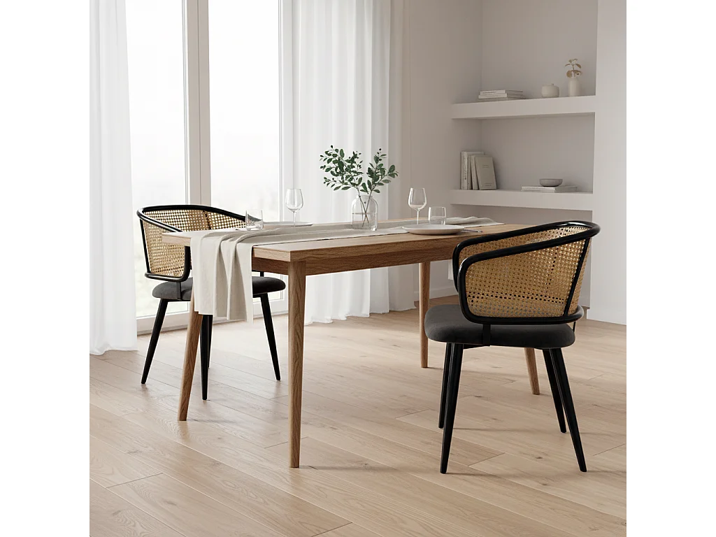 URBAN MEUBLE Lot de 2 chaises de salle à manger velours gris et dossier en rotin, pieds en métal noir