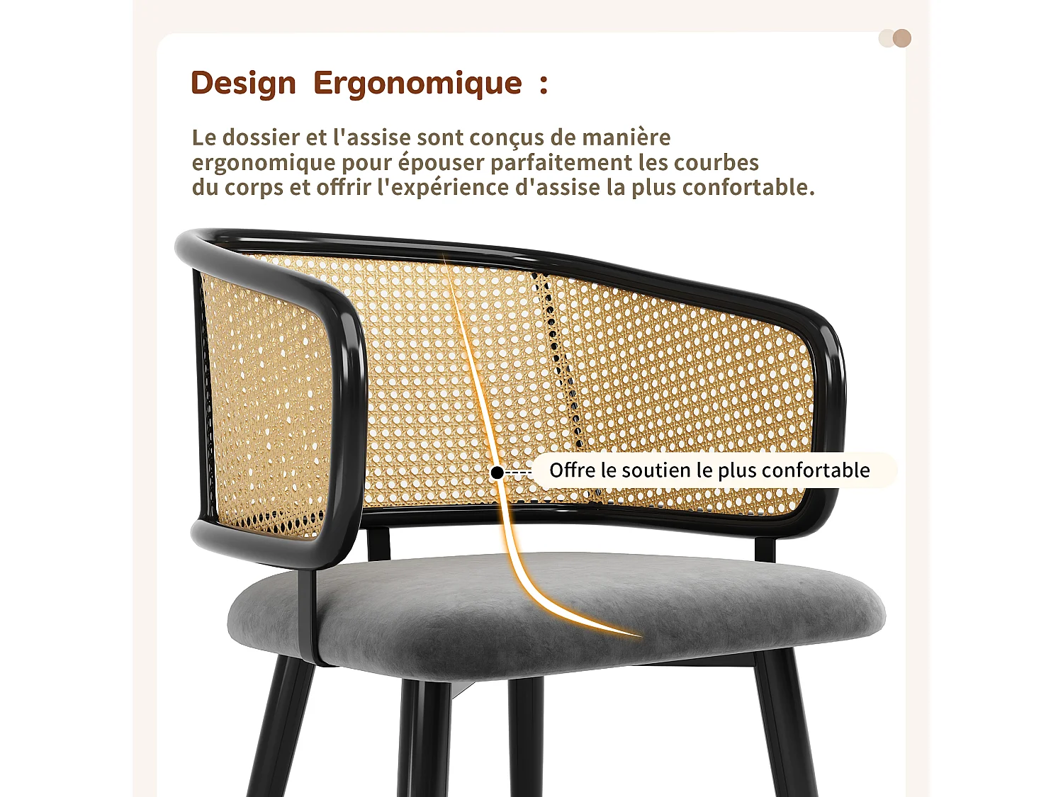 URBAN MEUBLE Lot de 2 chaises de salle à manger velours gris et dossier en rotin, pieds en métal noir