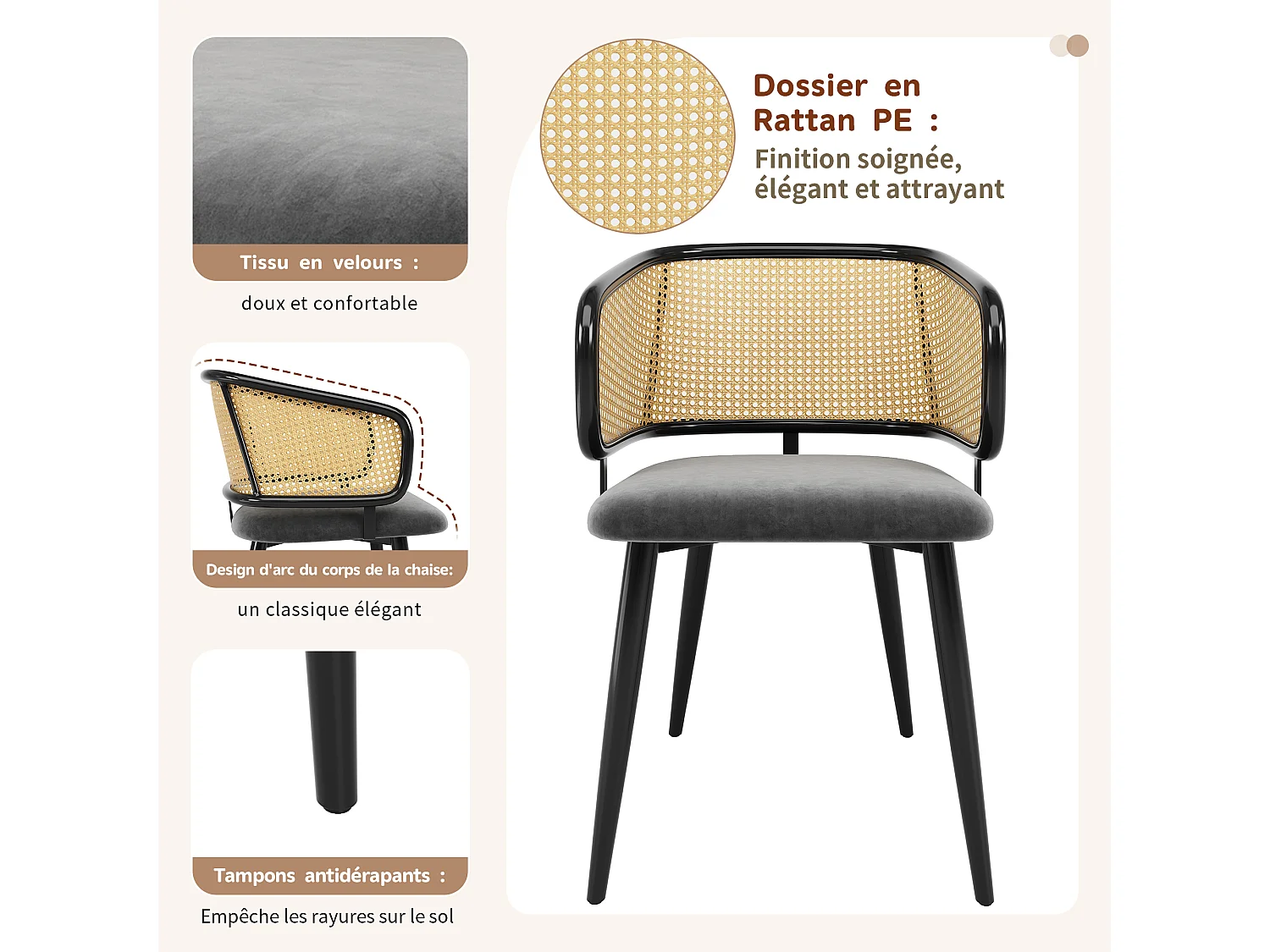 URBAN MEUBLE Lot de 2 chaises de salle à manger velours gris et dossier en rotin, pieds en métal noir