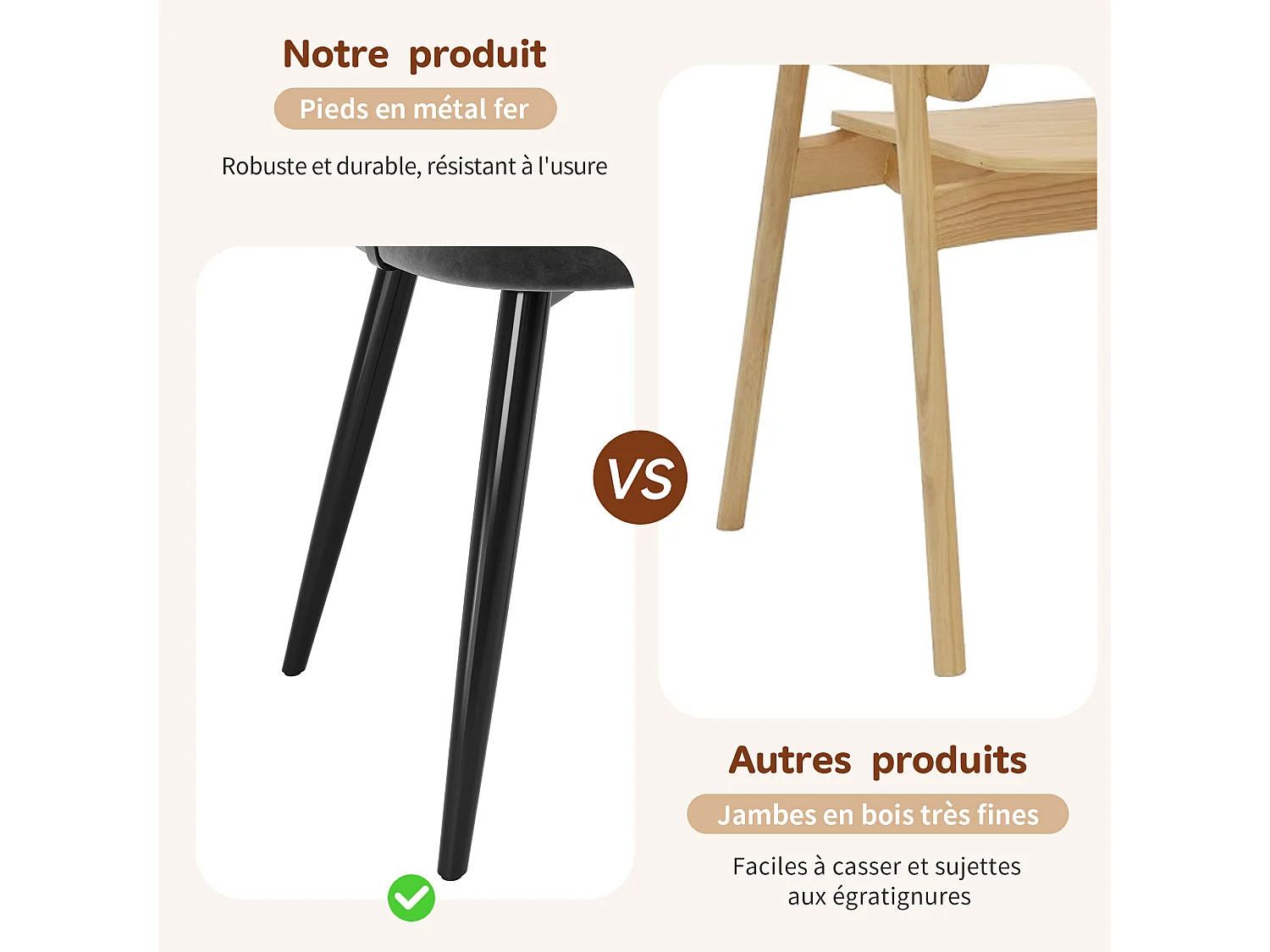 URBAN MEUBLE Lot de 2 chaises de salle à manger velours gris et dossier en rotin, pieds en métal noir