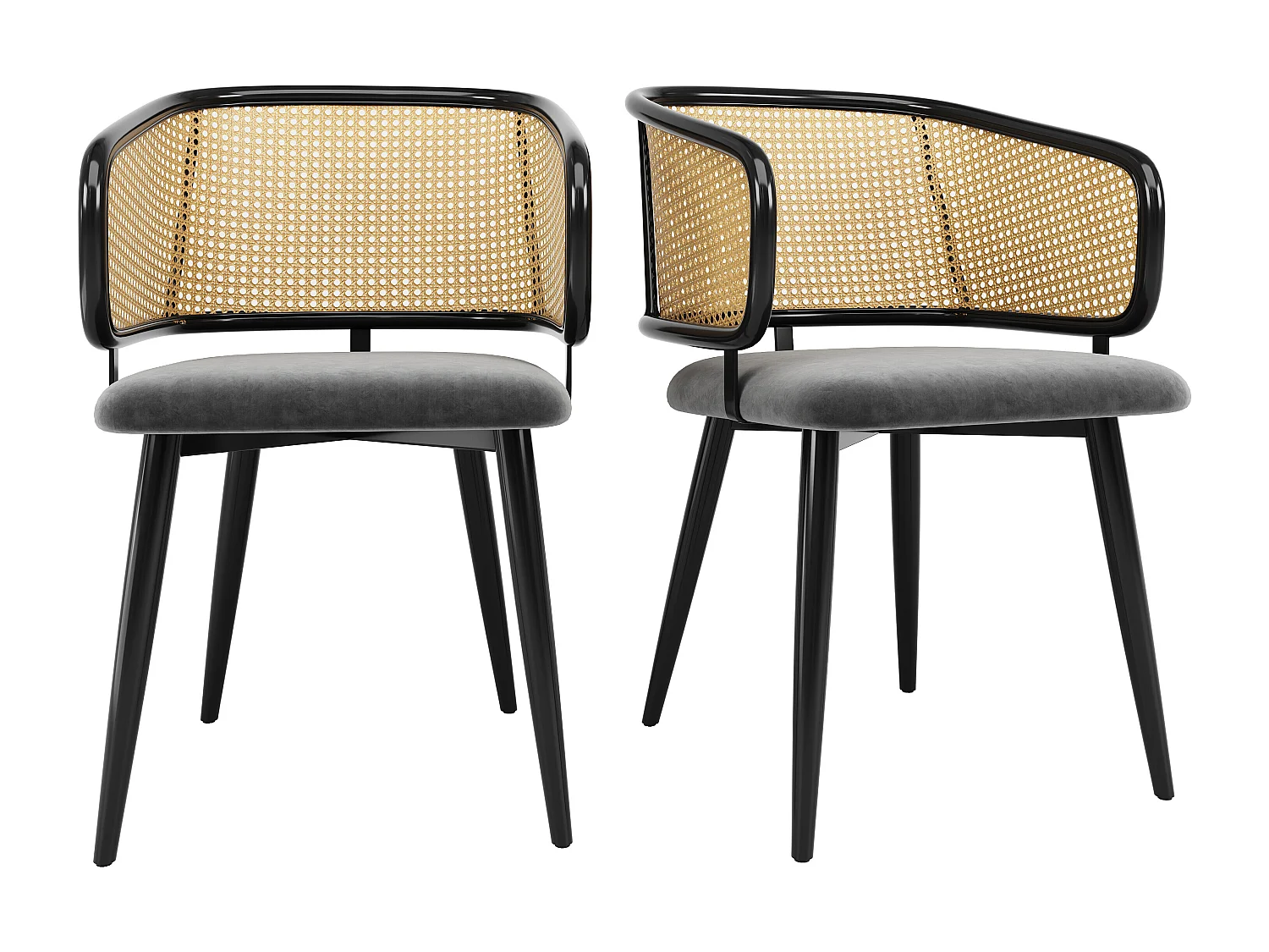 URBAN MEUBLE Lot de 2 chaises de salle à manger velours gris et dossier en rotin, pieds en métal noir