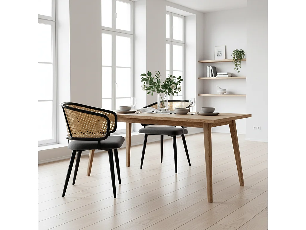 URBAN MEUBLE Lot de 2 chaises de salle à manger velours gris et dossier en rotin, pieds en métal noir