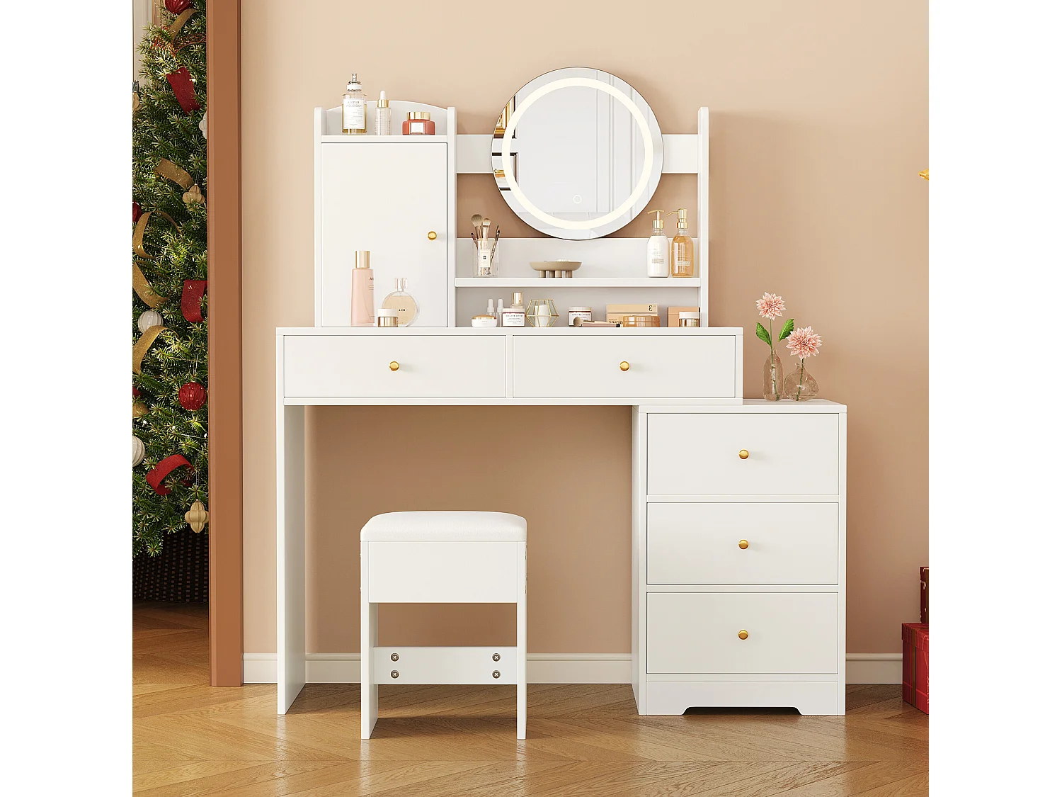 URBAN MEUBLE Coiffeuse moderne blanche avec tabouret, miroir LED, 5 tiroirs