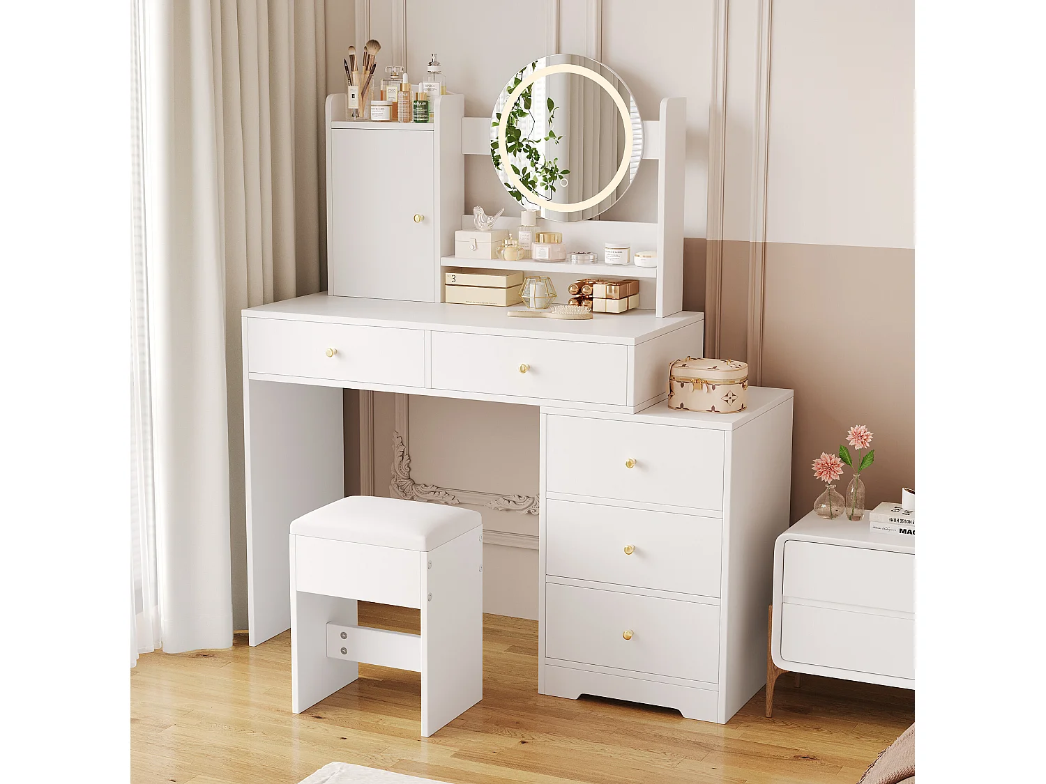 URBAN MEUBLE Coiffeuse moderne blanche avec tabouret, miroir LED, 5 tiroirs