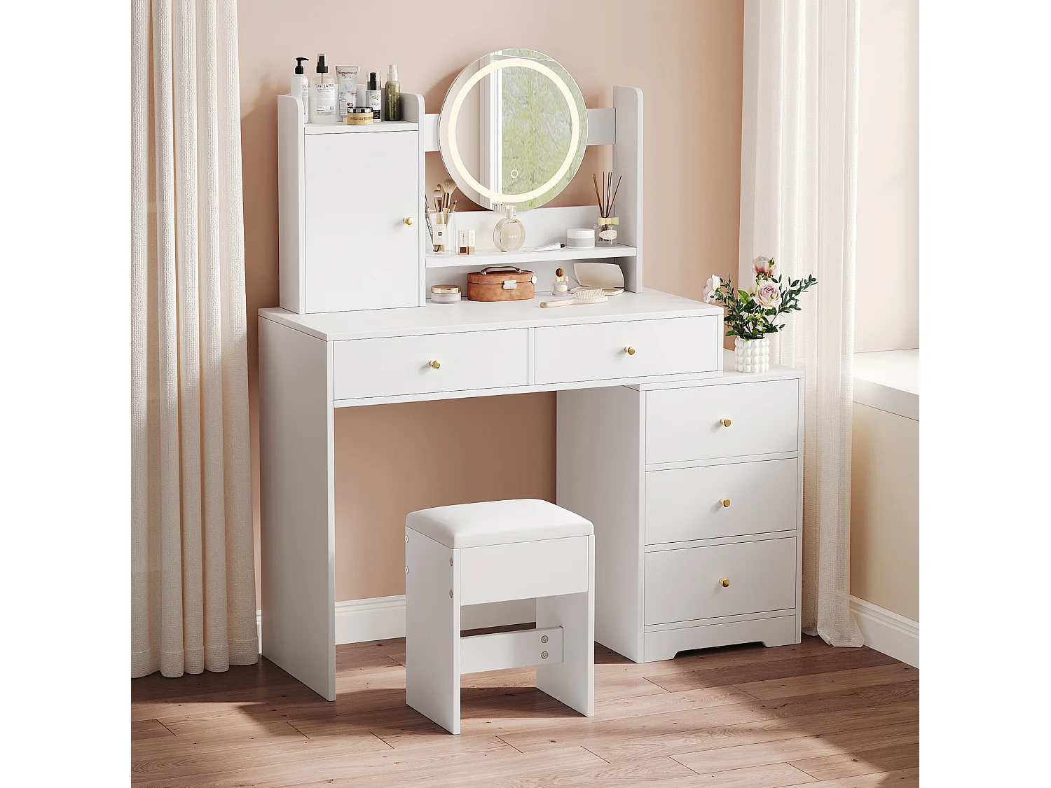 URBAN MEUBLE Coiffeuse moderne blanche avec tabouret, miroir LED, 5 tiroirs