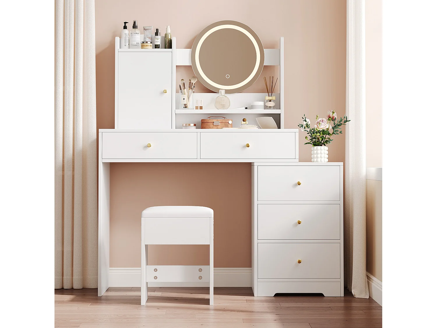 URBAN MEUBLE Coiffeuse moderne blanche avec tabouret, miroir LED, 5 tiroirs