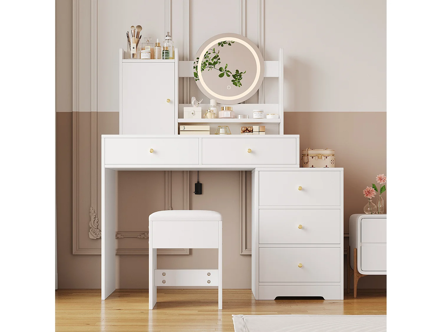URBAN MEUBLE Coiffeuse moderne blanche avec tabouret, miroir LED, 5 tiroirs