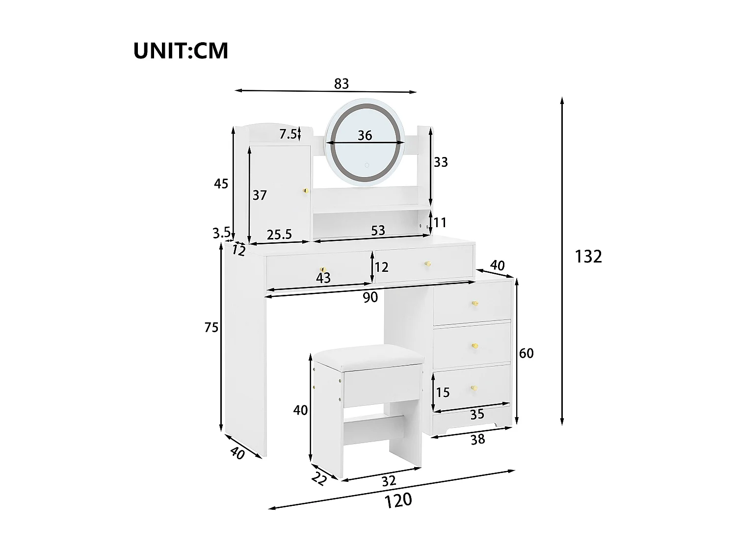URBAN MEUBLE Coiffeuse moderne blanche avec tabouret, miroir LED, 5 tiroirs