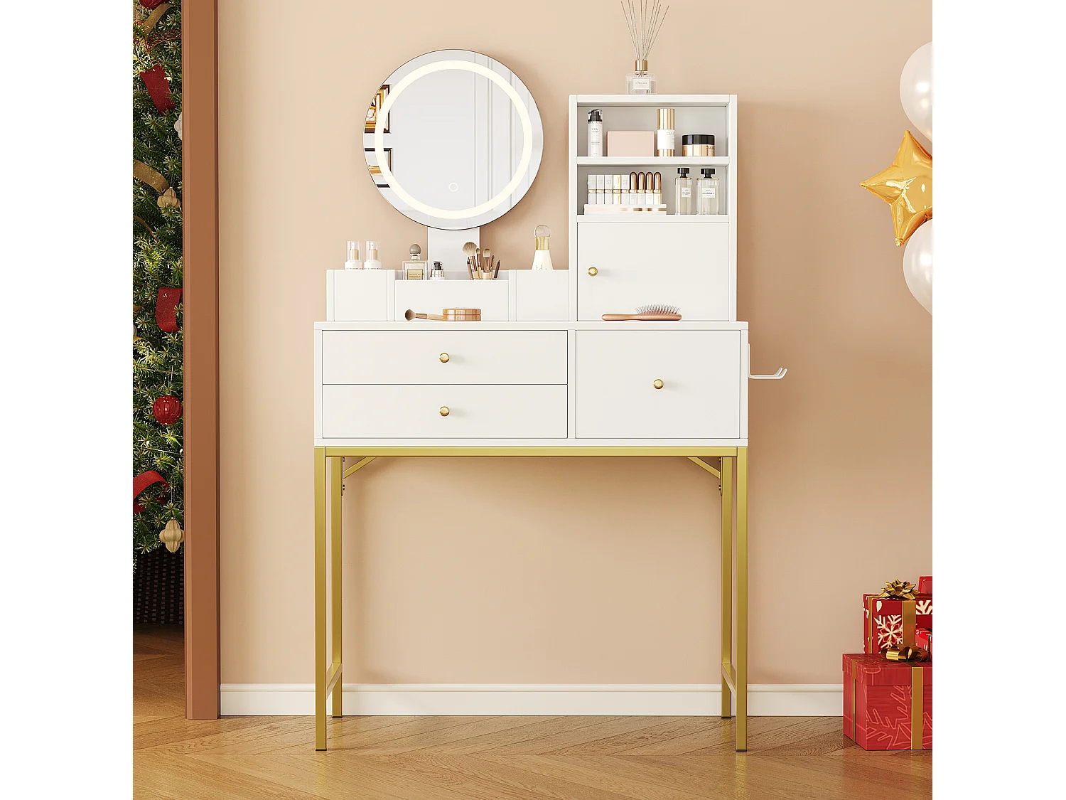 URBAN MEUBLE Coiffeuse blanche moderne avec miroir LED, prise recharge intégrée et pieds dorés