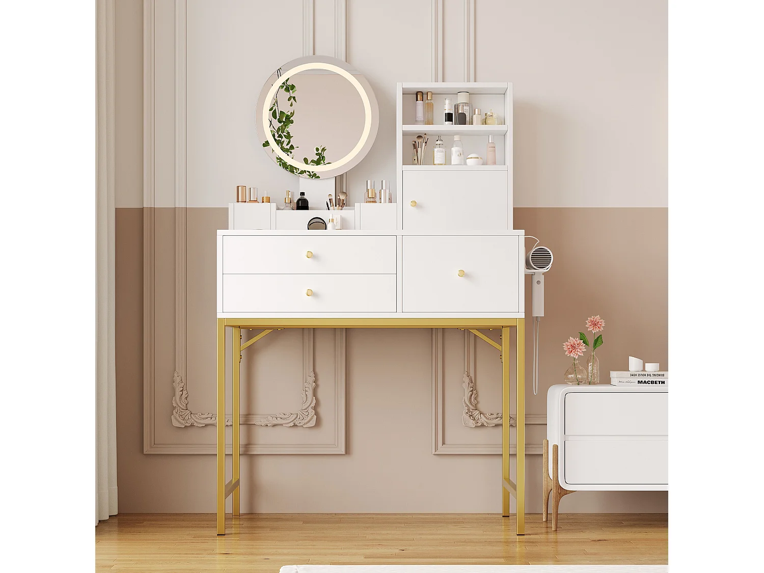 URBAN MEUBLE Coiffeuse blanche moderne avec miroir LED, prise recharge intégrée et pieds dorés