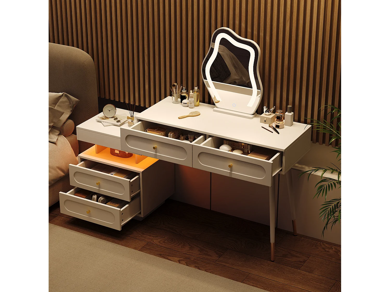 URBAN MEUBLE Coiffeuse modulable blanche avec miroir LED, 4 tiroirs et chevet lumineuse (sans tabouret)