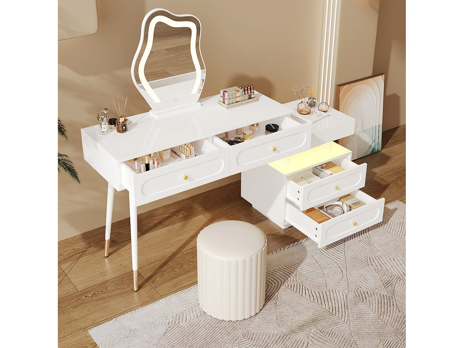 URBAN MEUBLE Coiffeuse modulable blanche avec miroir LED, 4 tiroirs et chevet lumineuse (sans tabouret)